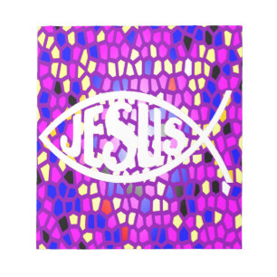 JESUS FISH ICHTHYS GLAS IN LOOD VENSTER PAARSE NOTITIEBLOK