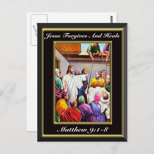 Jesus Forgave en heals Matthew 9:1-8 zwart Briefkaart (Voorkant / Achterkant)