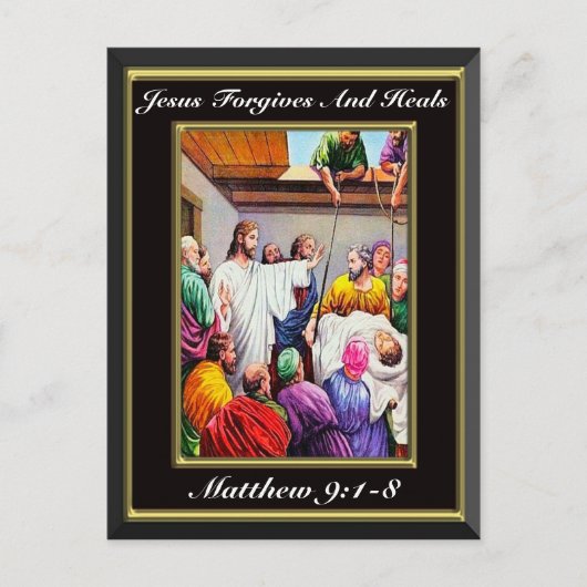 Jesus Forgave en heals Matthew 9:1-8 zwart Briefkaart (Voorkant)