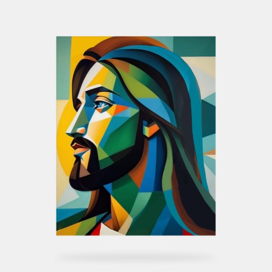 Jesus in green cubism 6 acryl bord (Voorkant)