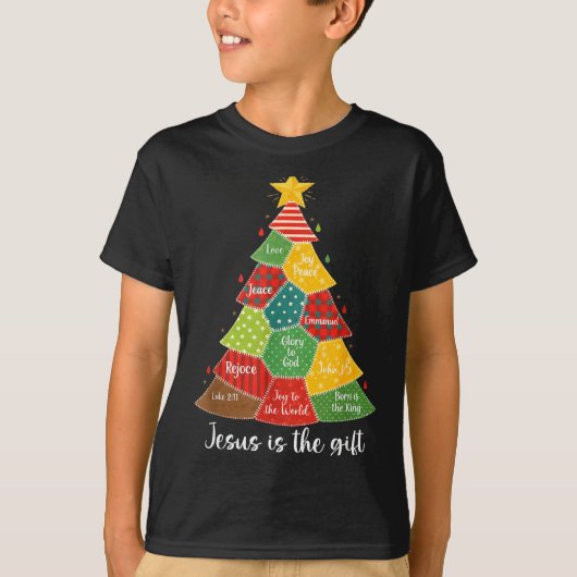 Jesus Is The Gift Christmas Tree Patchwork Scriptu T-shirt (Voorkant)