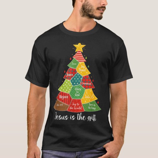 Jesus Is The Gift Christmas Tree Patchwork Scriptu T-shirt (Voorkant)