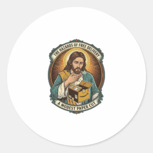 Jesus Kartonnen Doos Papier Snij Vinger Pijn Humor Ronde Sticker