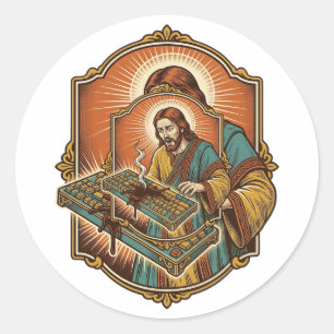 Jesus koffie morsen mechanisch toetsenbord kapotte ronde sticker