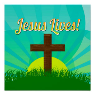 Jesus Lives Blue/Brown Christelijk paaskruis Perfect Poster