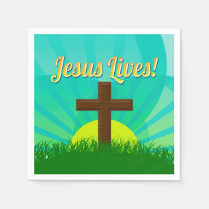 Jesus Lives Blue/Brown Christelijk paaskruis Servet