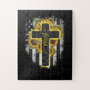 Jesus Love Faith Christelijke Sunflower USA Vlag Legpuzzel