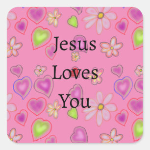 Jesus Loves You Hartjes Roze Vierkante Sticker