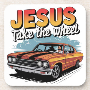 Jesus neemt het stuur Vintage Muscle Car Bier Onderzetter