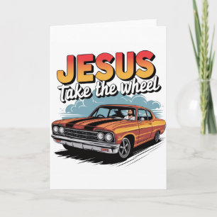 Jesus neemt het stuur Vintage Muscle Car Kaart