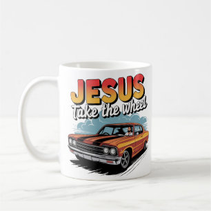 Jesus neemt het stuur Vintage Muscle Car Koffiemok