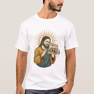 Jesus ogen gesloten getagde groepsfoto onflatteus t-shirt