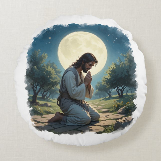 Jésus priant Coussin rond - OEuvres d'art chrétien (Devant)