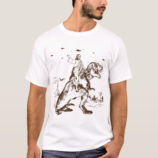 Jesus Riding a Dinosaur Funny UFO Alien Abduction T-shirt (Voorkant)