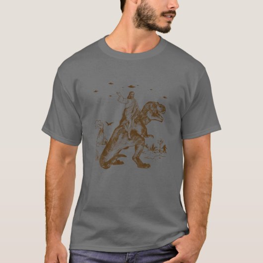 Jesus Riding Dinosaur T UFO T Funny offensief T-shirt (Voorkant)