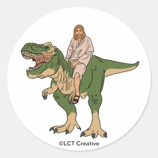 Jesus Riding T-Rex Ronde Sticker (Voorkant)