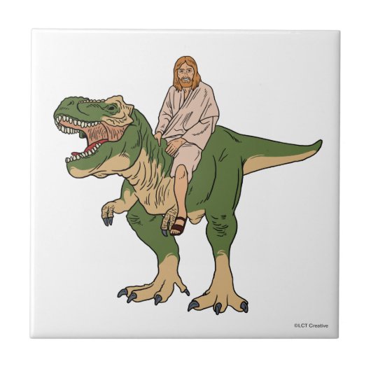 Jesus Riding T-Rex Tegeltje (Voorkant)