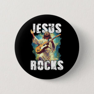Jesus Rockt Met Gitaar - Grappige Christelijke Rot Ronde Button 5,7 Cm