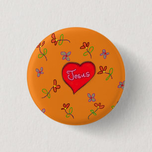 Jesus Rode Hart Bloemig Oranje Christelijk Ronde Button 3,2 Cm