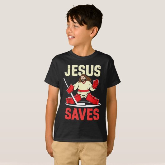 Jesus Saves Ice Hockey Goalie Player Christian Fun T-shirt (Voorkant volledig)
