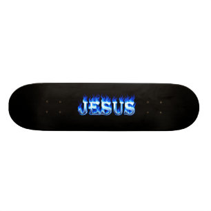 Jesus skateboard blauw vuur en vlammen ontwerp.