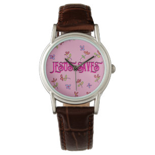 ‘Jesus Slaat Op’ Citaat met Bloemendruk op Roze Horloge