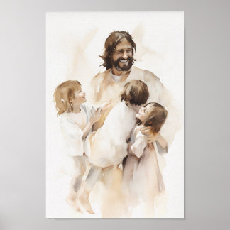 Jesus Spelen met kinderen Waterverf Art Print