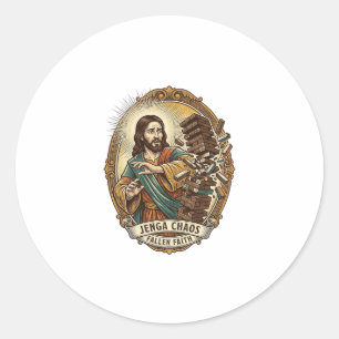 Jesus stort spel Jenga toren spel mislukking humor Ronde Sticker
