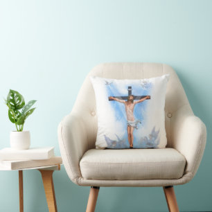 Jésus sur la croix avec les oiseaux Coussin
