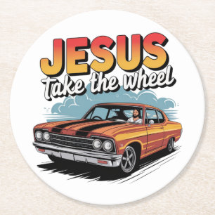 Jesus Take the Wheel Muscle Car Ronde Kartonnen Onderzetter