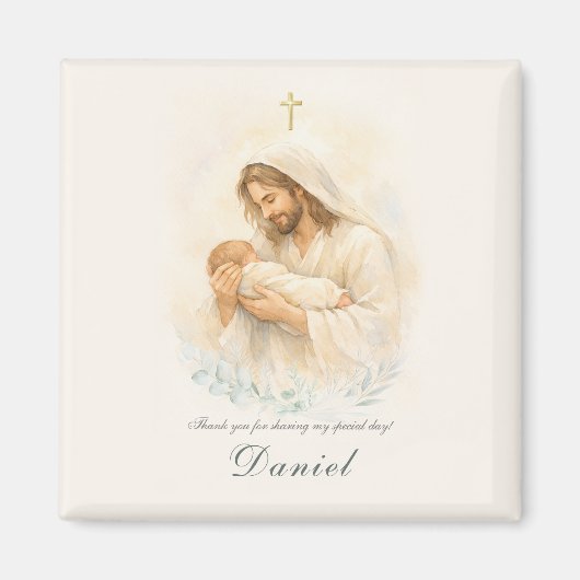 Jésus tenant un bébé Magnet de rappel pour le bapt (Devant)