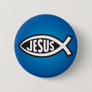 Jesus Vis Geheim Symbool Ichthys ΙΧΘΥΣ Blauw Ronde Button 5,7 Cm