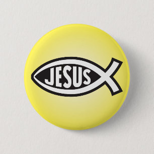 Jesus Vis Geheime Symbool Ichthys ΙΧΘΥΣ Zoon van G Ronde Button 5,7 Cm