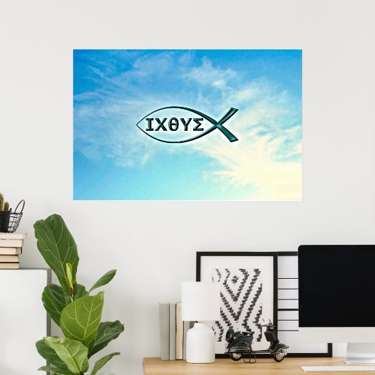 Jesus Vis op blauwe lucht achtergrond Poster (Thuiskantoor)