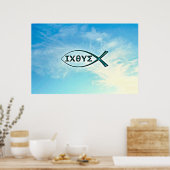 Jesus Vis op blauwe lucht achtergrond Poster (Keuken)