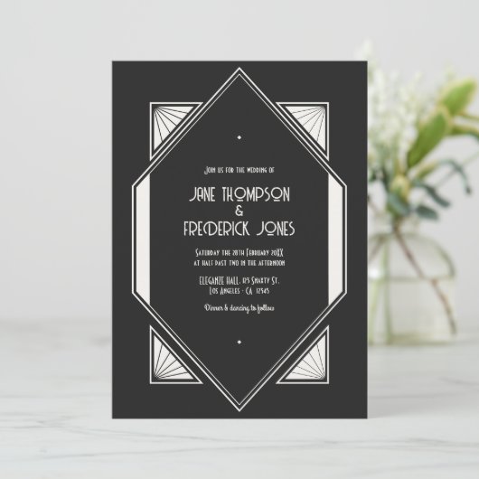 Jet Black & Ivory Linen Art Deco Wedding Photo Kaart (Staand voorkant)