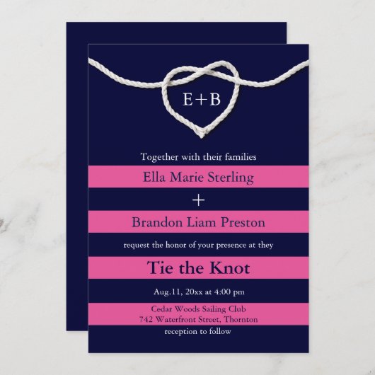 Jeter le noeud Fuchsia & Navy Faire-part de mariag (Devant / Derrière)