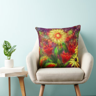 Jeter Oreiller Floral Abstrait Rouge Jaune Dahlia