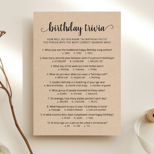 Jeu d'anniversaire Trivia avec réponses Carte d'an