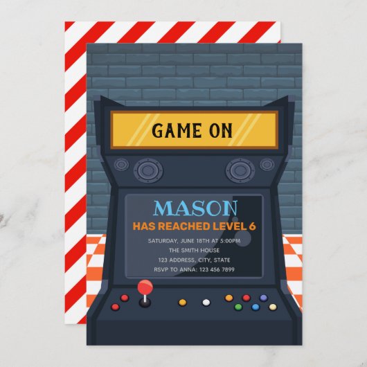 Jeu d'arcade invitation anniversaire (Devant / Derrière)