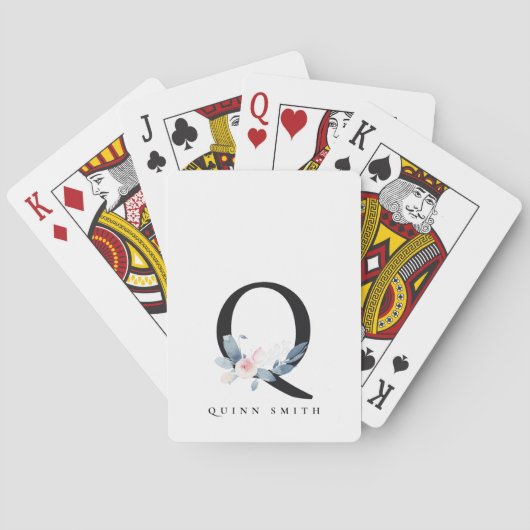 JEU DE CARTES ALPHABÈTES FLORAUX BLEU DOUX NOM LETTRE Q (dos)