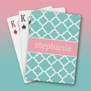 Jeu De Cartes Aqua et Blush Quatrefoil Motif Nom personnalisé