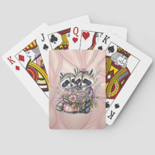 Jeu De Cartes Aquarelle Beau Raccoon Couple Avec Fleurs