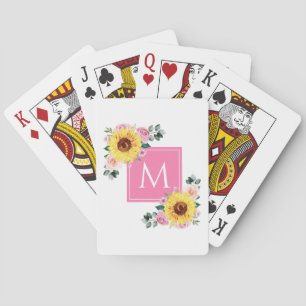 Jeu De Cartes Aquarelle botanique rose tournesol Monogramme
