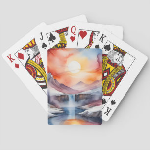 Jeu De Cartes Aquarelle de montagnes enneigées sous le coucher d