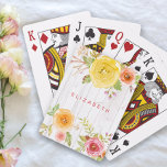 Jeu De Cartes Aquarelle jaune rose floral, bois blanc<br><div class="desc">Ajoutez votre sens du style spécial au temps de jeu avec ces magnifiques, rustiques, romantiques, vintage nom floral personnalisé jouant aux cartes. Des fleurs d'aquarelle jaune, rose, rouge et orange et une typographie blanche recouvrent un arrière - plan en bois blanc. Ajoutez votre nom pour personnaliser. Faites une déclaration chic...</div>