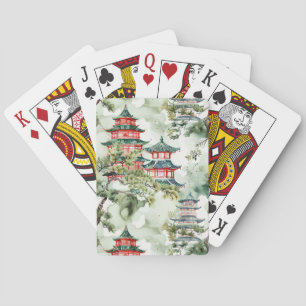Jeu De Cartes Aquarelle Pagode asiatique dans paysage verdoyant 