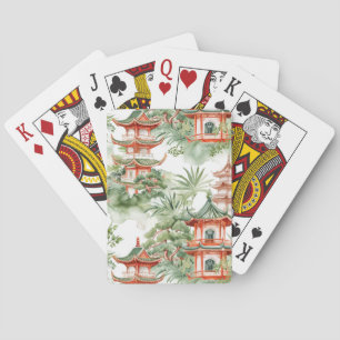 Jeu De Cartes Aquarelle Pagode asiatique dans paysage verdoyant 