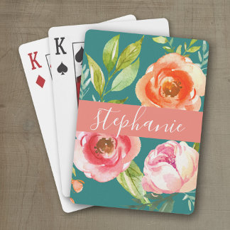 Jeu De Cartes Aquarelle peinte Motif Floral Nom personnalisé