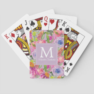 Jeu De Cartes Aquarelle rose violet Fleurs sauvages Monogramme
